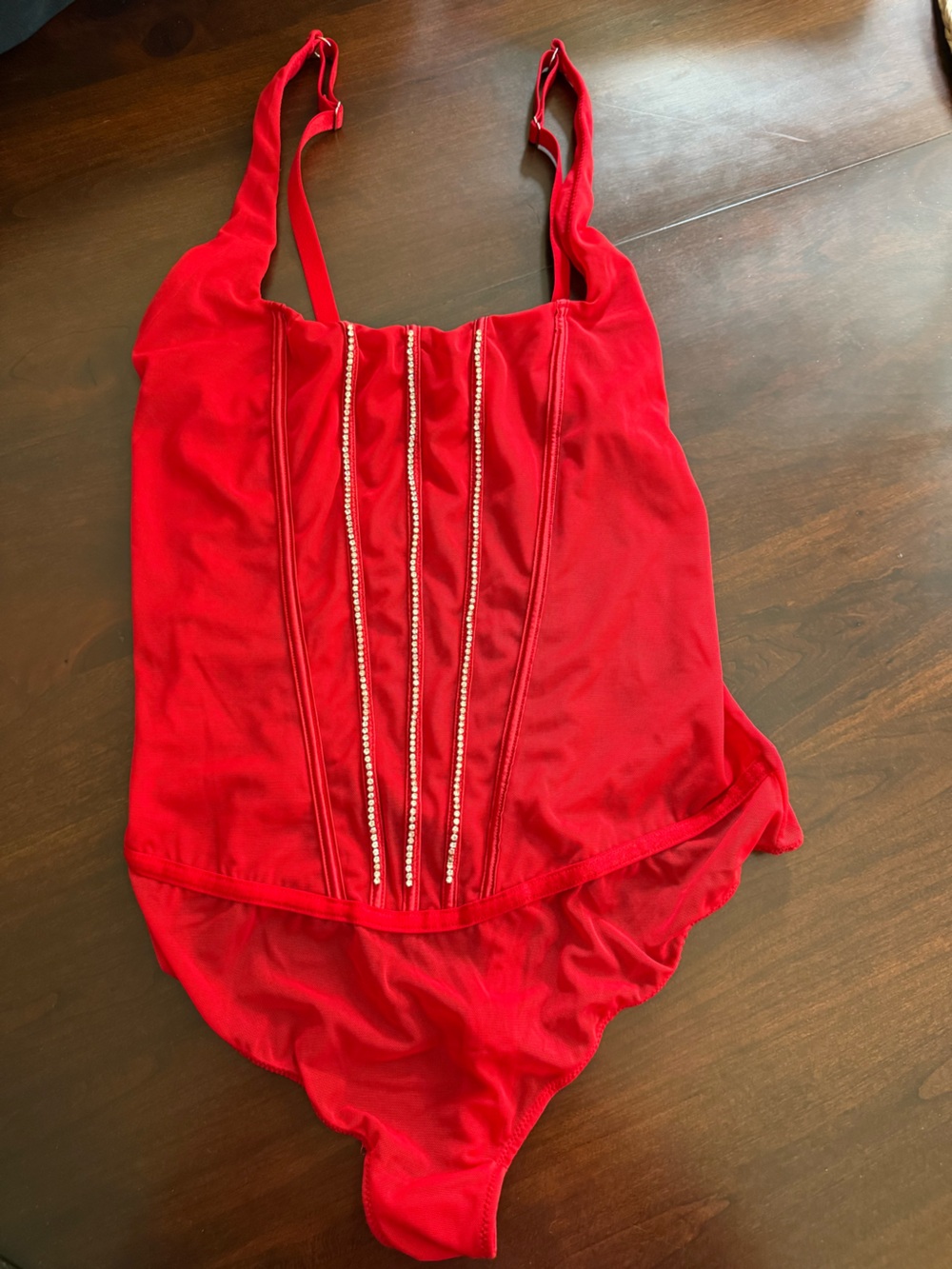 Auden Rhinestone Red Bodysuit Adjustable Straps Women's LARGE